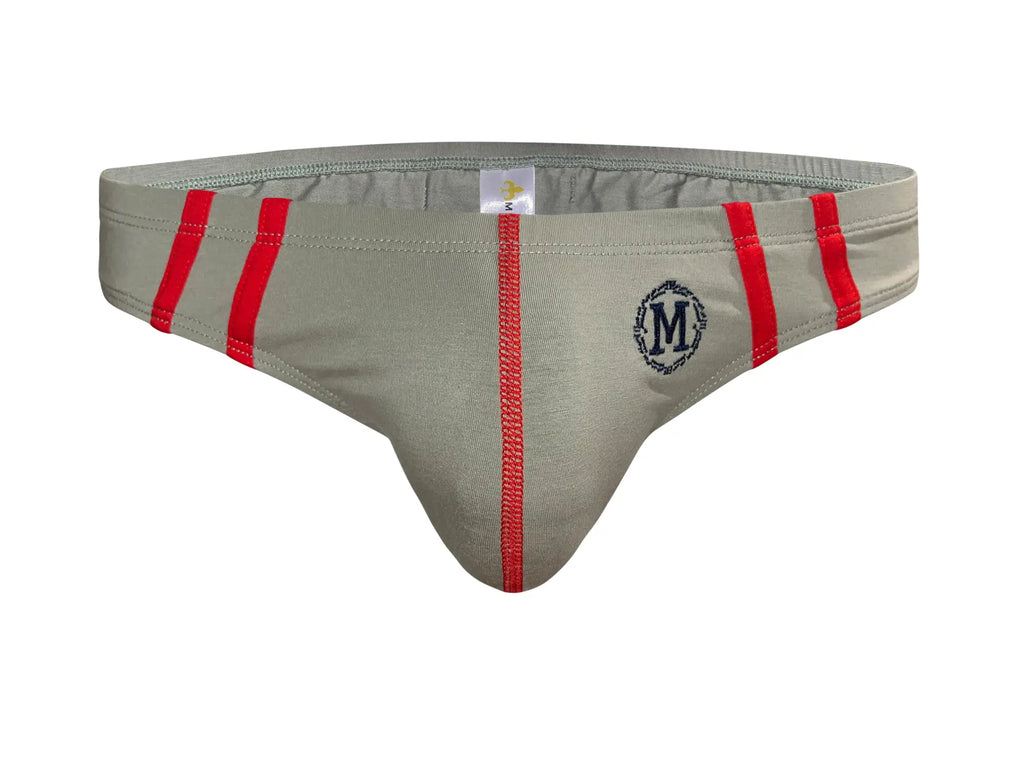 Beige marcuse hester brief underwear with bold red vertical stripes and black embroidered m logo on the front