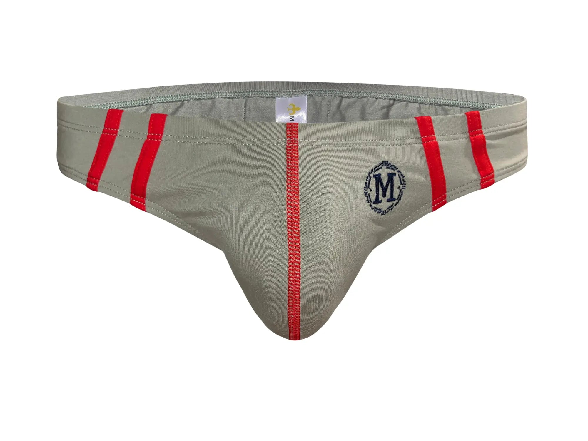 Beige marcuse hester brief underwear with bold red vertical stripes and black embroidered m logo on the front
