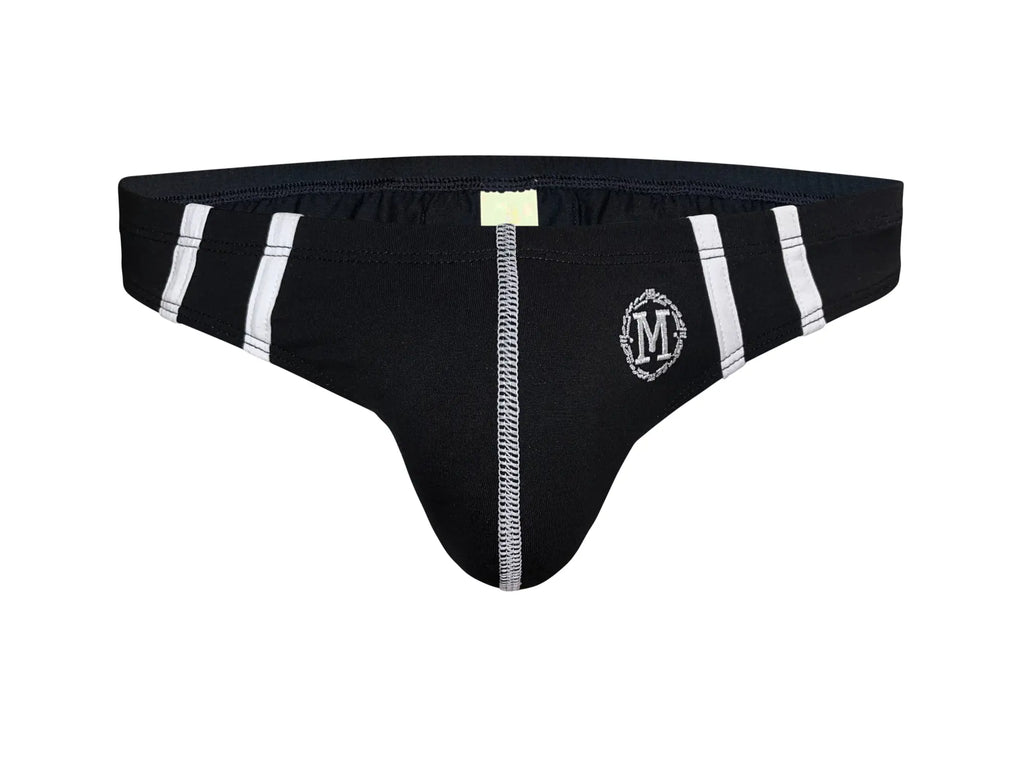 Black marcuse hester brief underwear with white vertical stripes and a silver embroidered m logo on the front