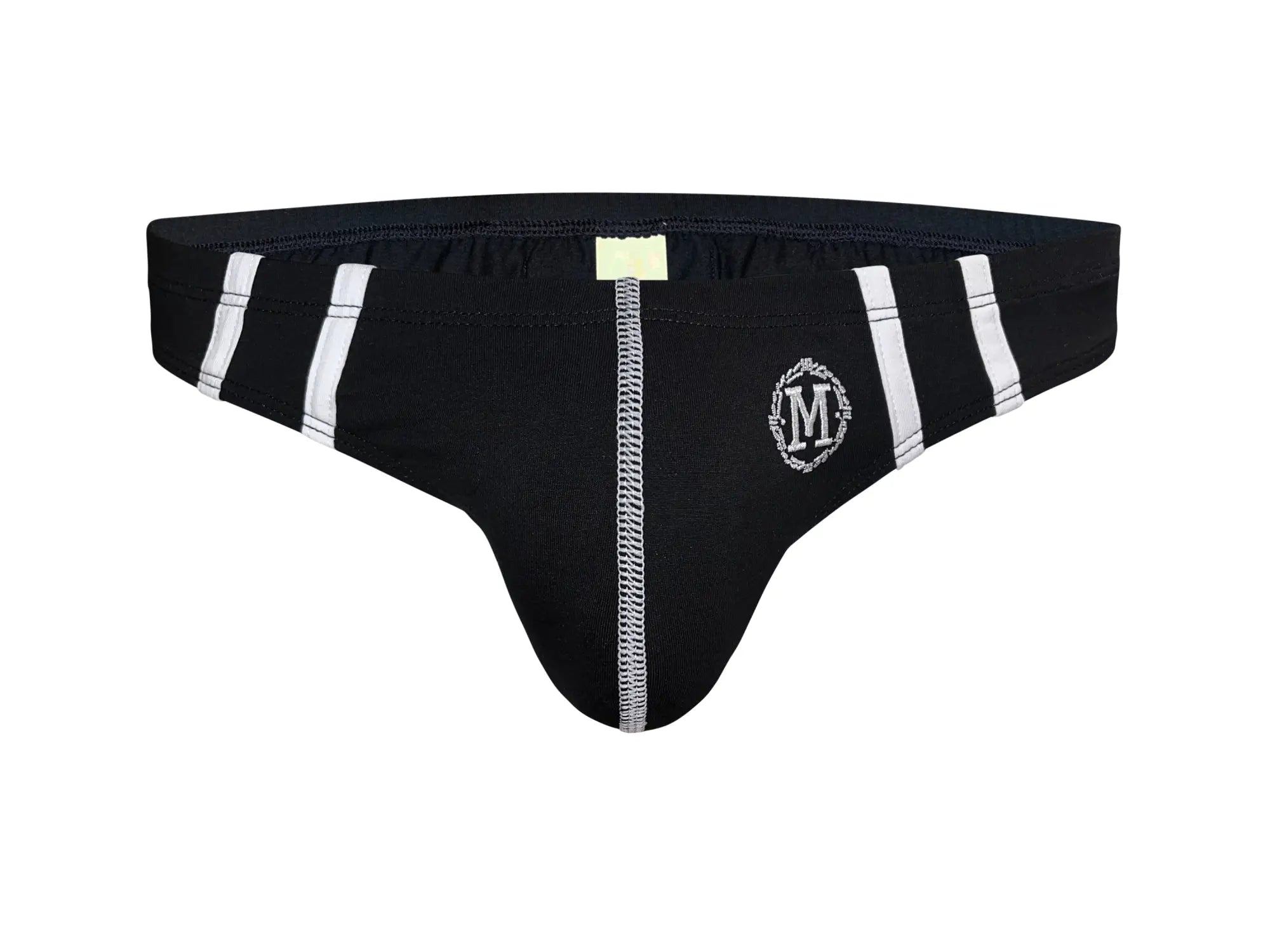 Black marcuse hester brief underwear with white vertical stripes and a silver embroidered m logo on the front