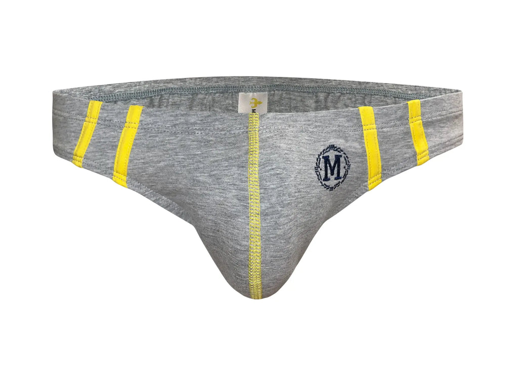 Gray marcuse hester brief underwear with bright yellow vertical stripes and a circular m logo on the front