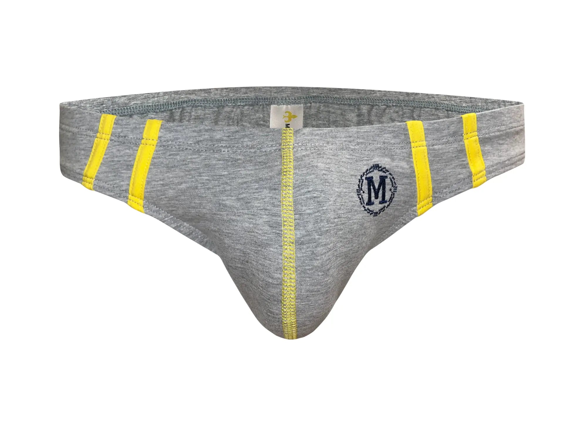 Gray marcuse hester brief underwear with bright yellow vertical stripes and a circular m logo on the front