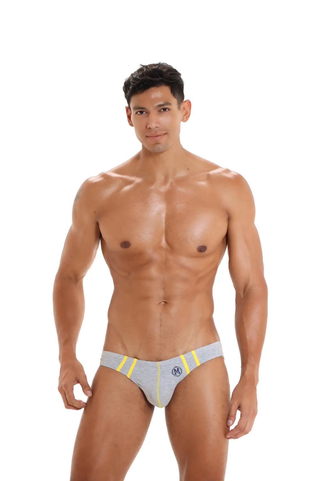 Gray marcuse hester brief underwear with yellow trim and a small front logo made for athletic use