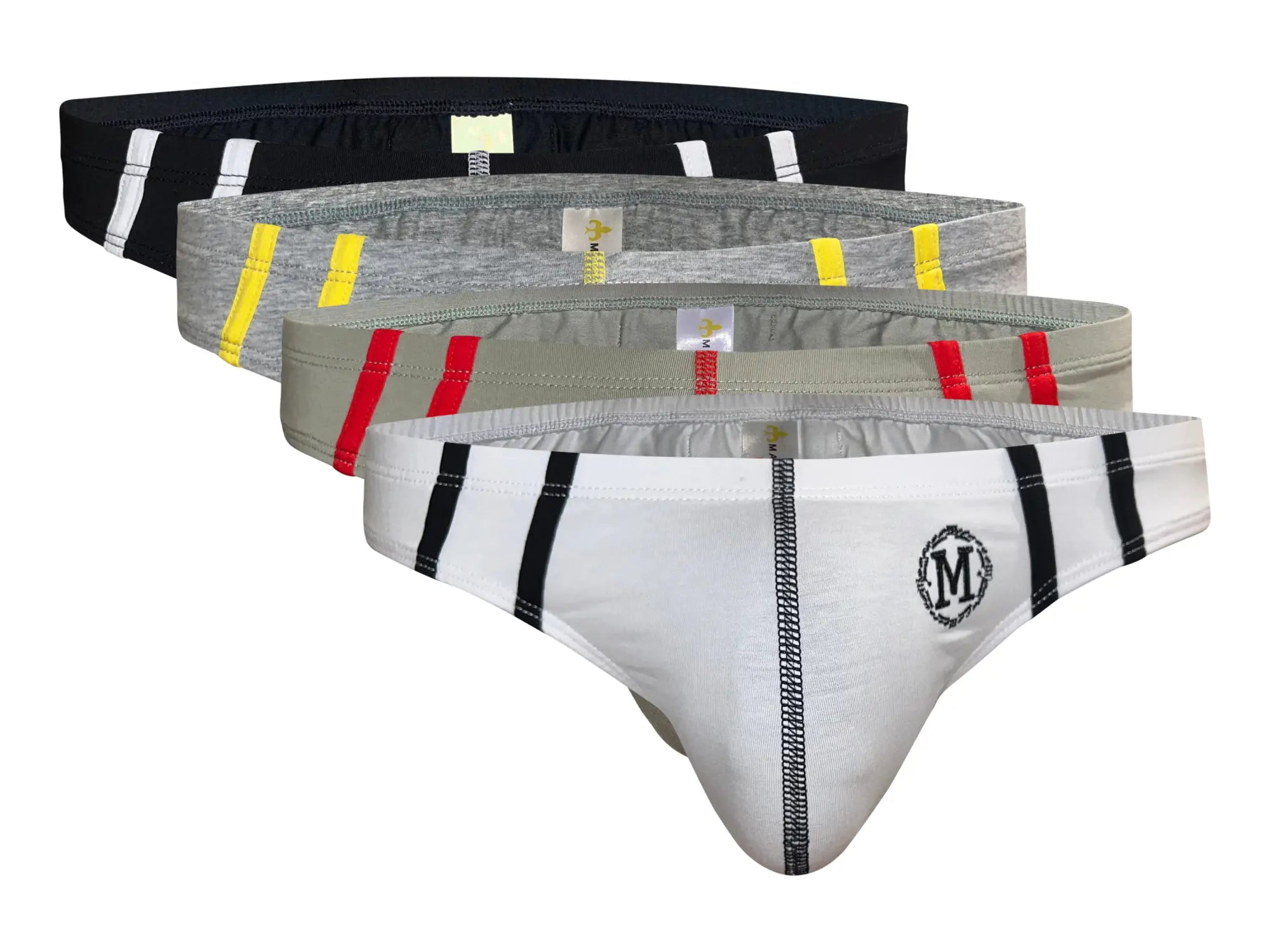 Marcuse Hester brief underwear in white with black vertical stripes and a central embroidered m logo