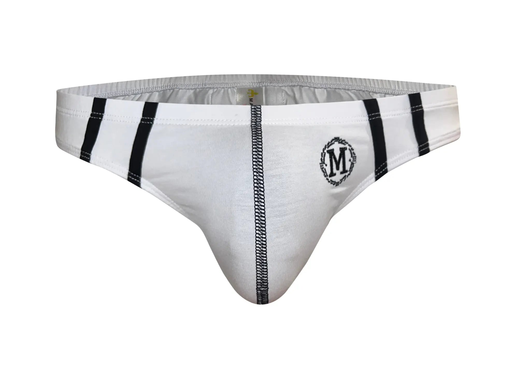 White Marcuse Hester brief underwear with black vertical stripes, central zipper, and embroidered m logo on the front