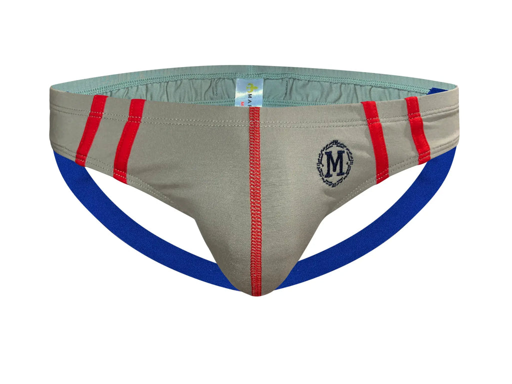 Beige marcuse hester jock underwear briefs with red and blue accents and central embroidered m logo
