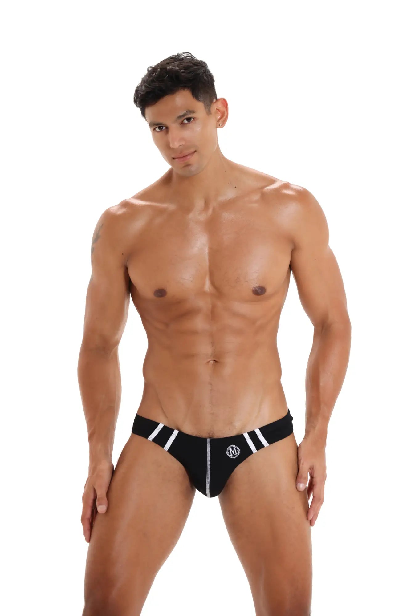 Black Marcuse Hester jock underwear briefs with white stripes and central logo designed for athletic wear