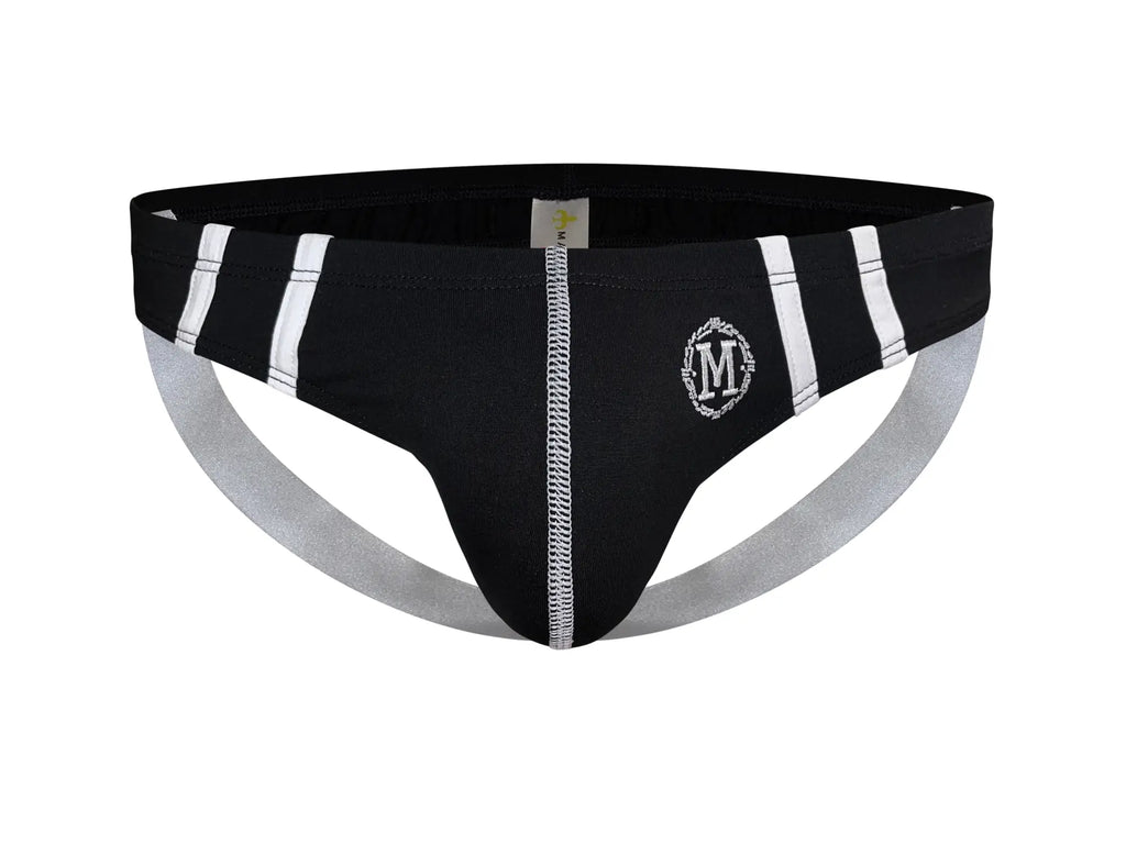 Black marcuse hester jock underwear featuring white stripes and a silver logo on the front