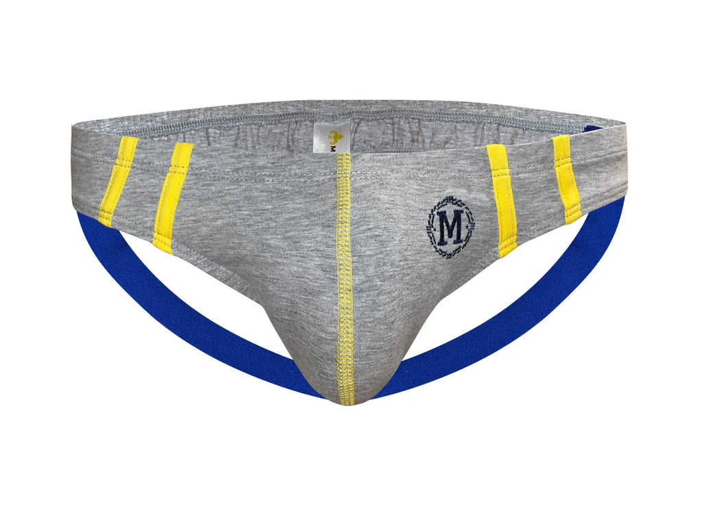Marcuse hester jock underwear gray athletic briefs with bold blue panels yellow stripes and subtle front logo embroidery