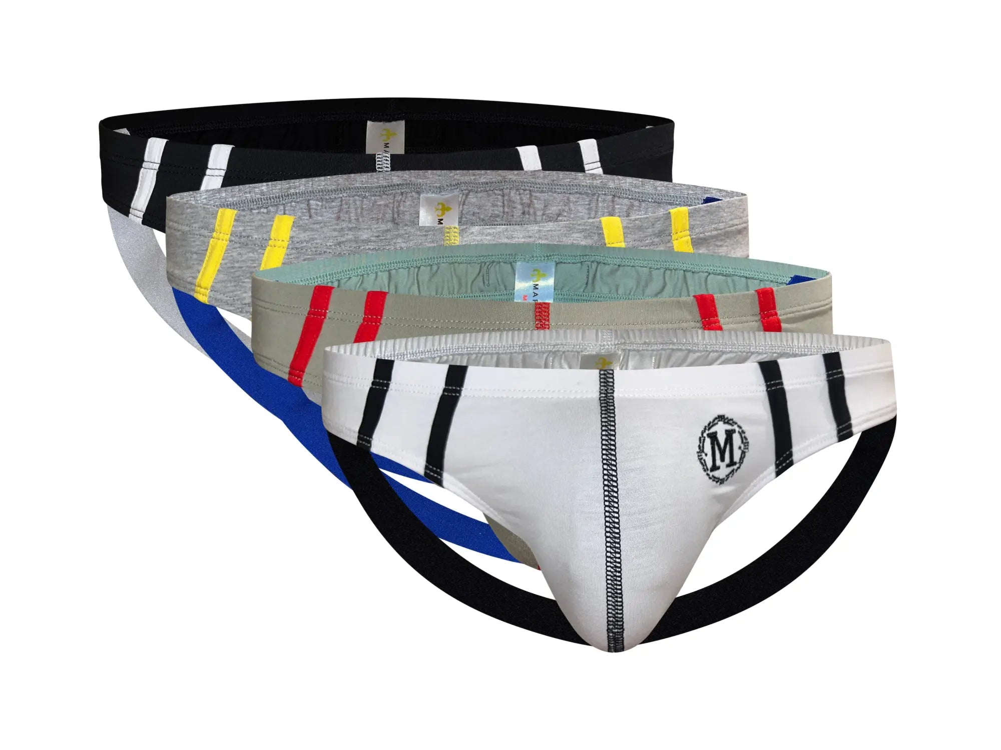 Marcuse Hester jock underwear white athletic briefs with black side stripes elastic waistband and reinforced stitching