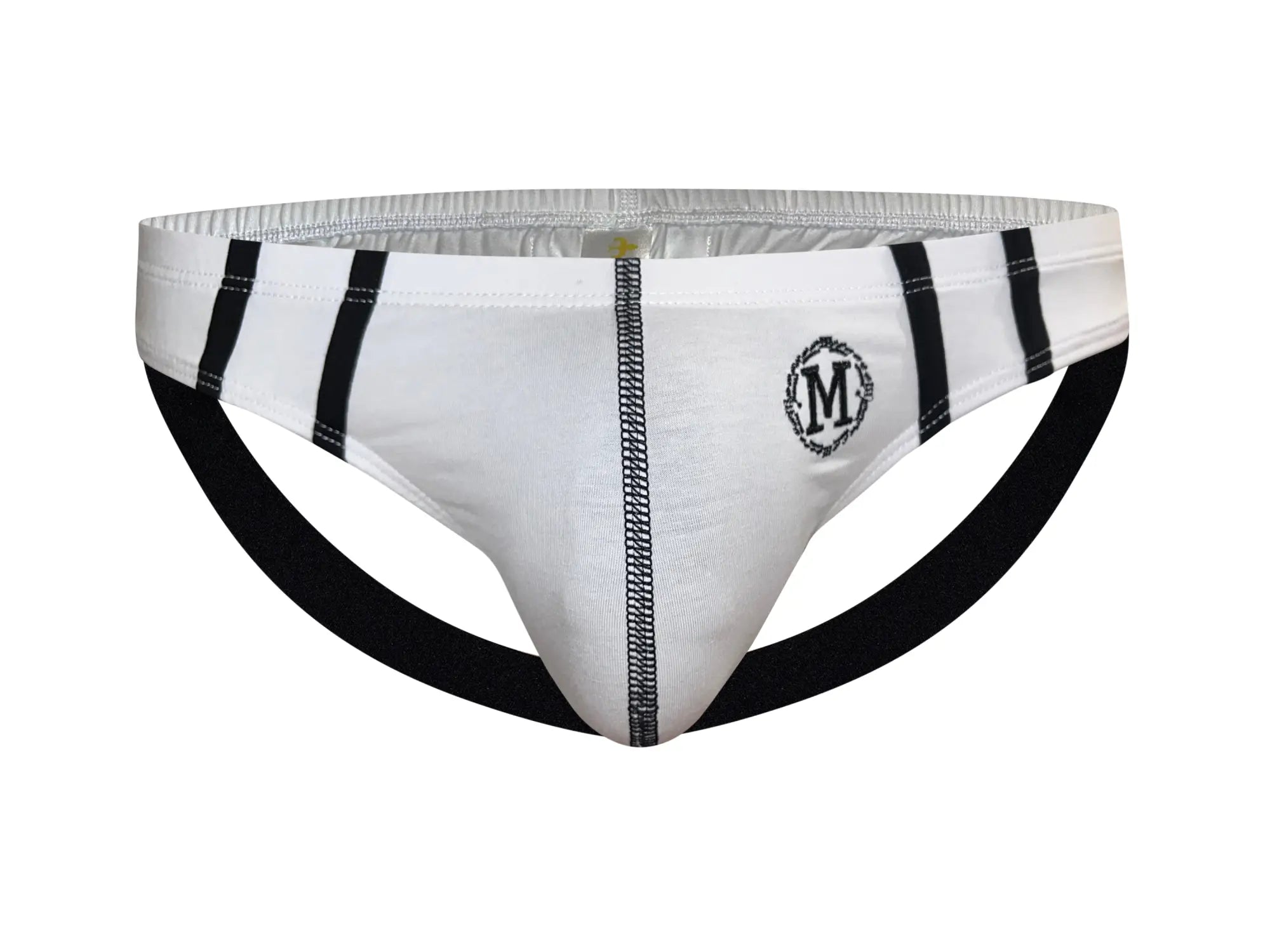 White and black marcuse hester jock underwear with central zipper bold vertical stripes and embroidered m logo