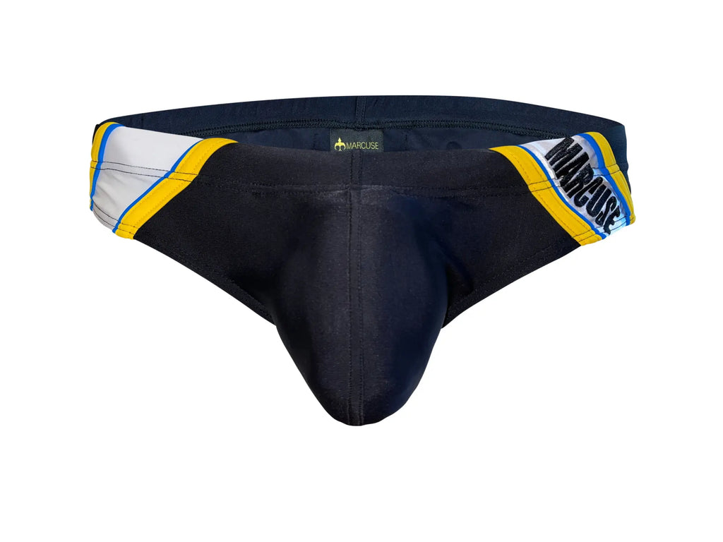 Black Marcuse homme bikini thong swimwear with yellow and white striped trim showing front view