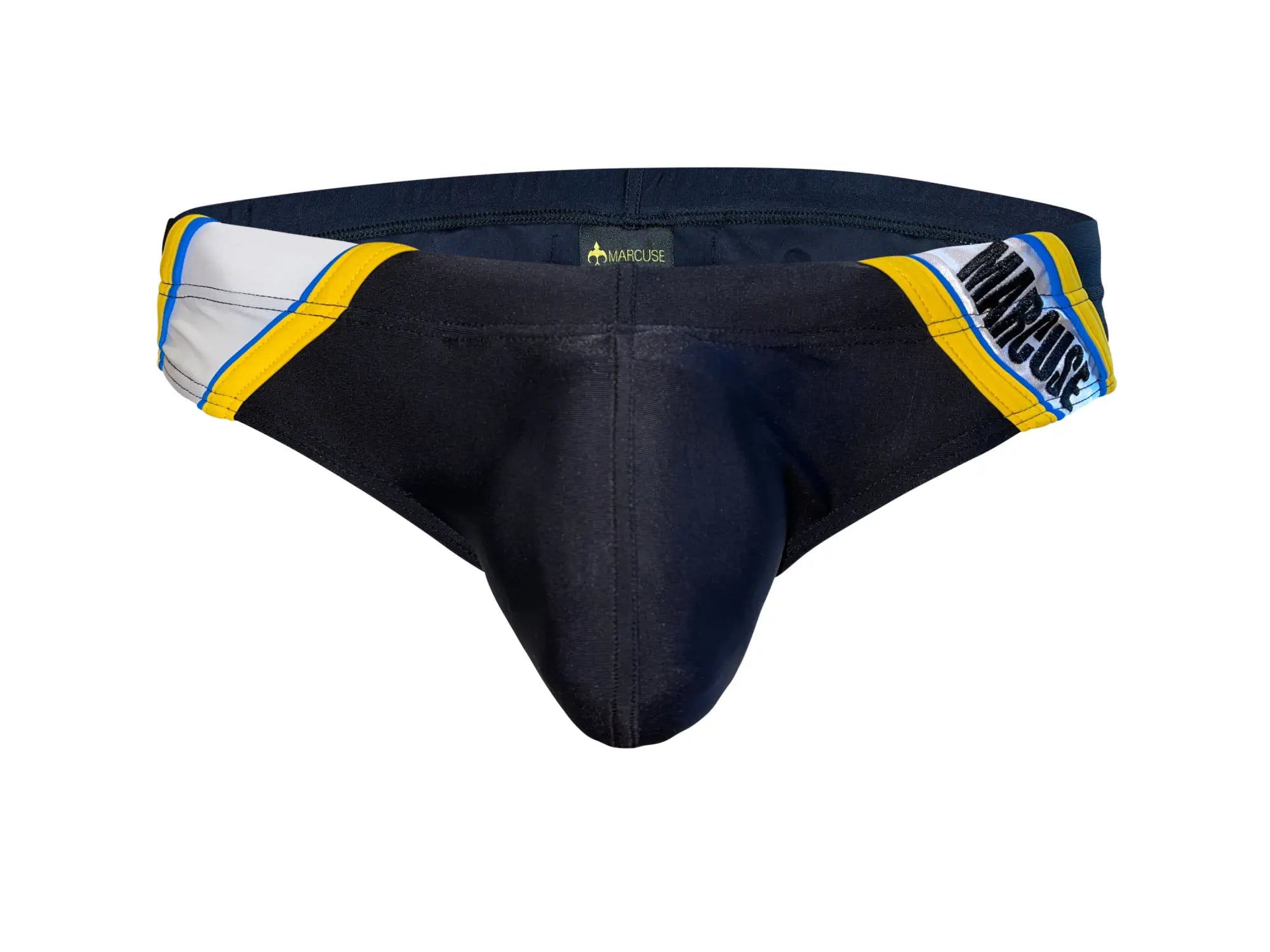 Black Marcuse homme bikini thong swimwear with yellow and white striped trim showing front view