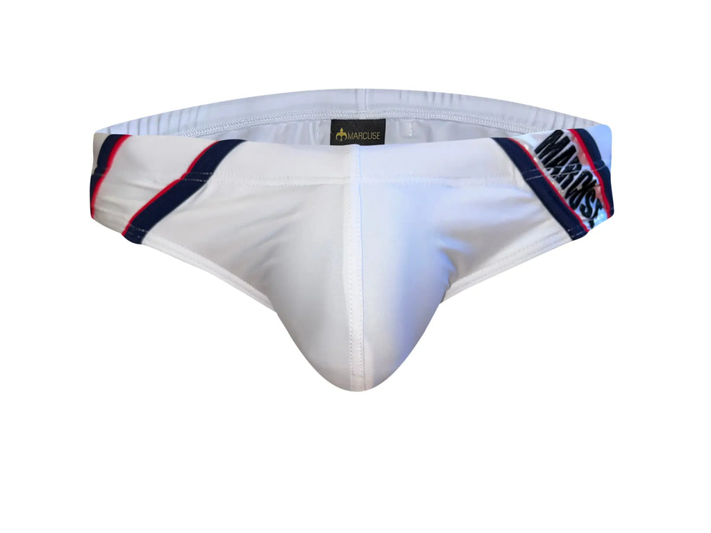 White men’s swim trunks with navy and red diagonal stripes and marcus logo on waistband from marcuse homme bikini swimwear