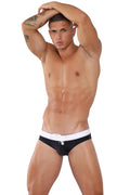 Black swim trunks with a white waistband and matching drawstring from Marcuse Hunter bikini swimwear collection