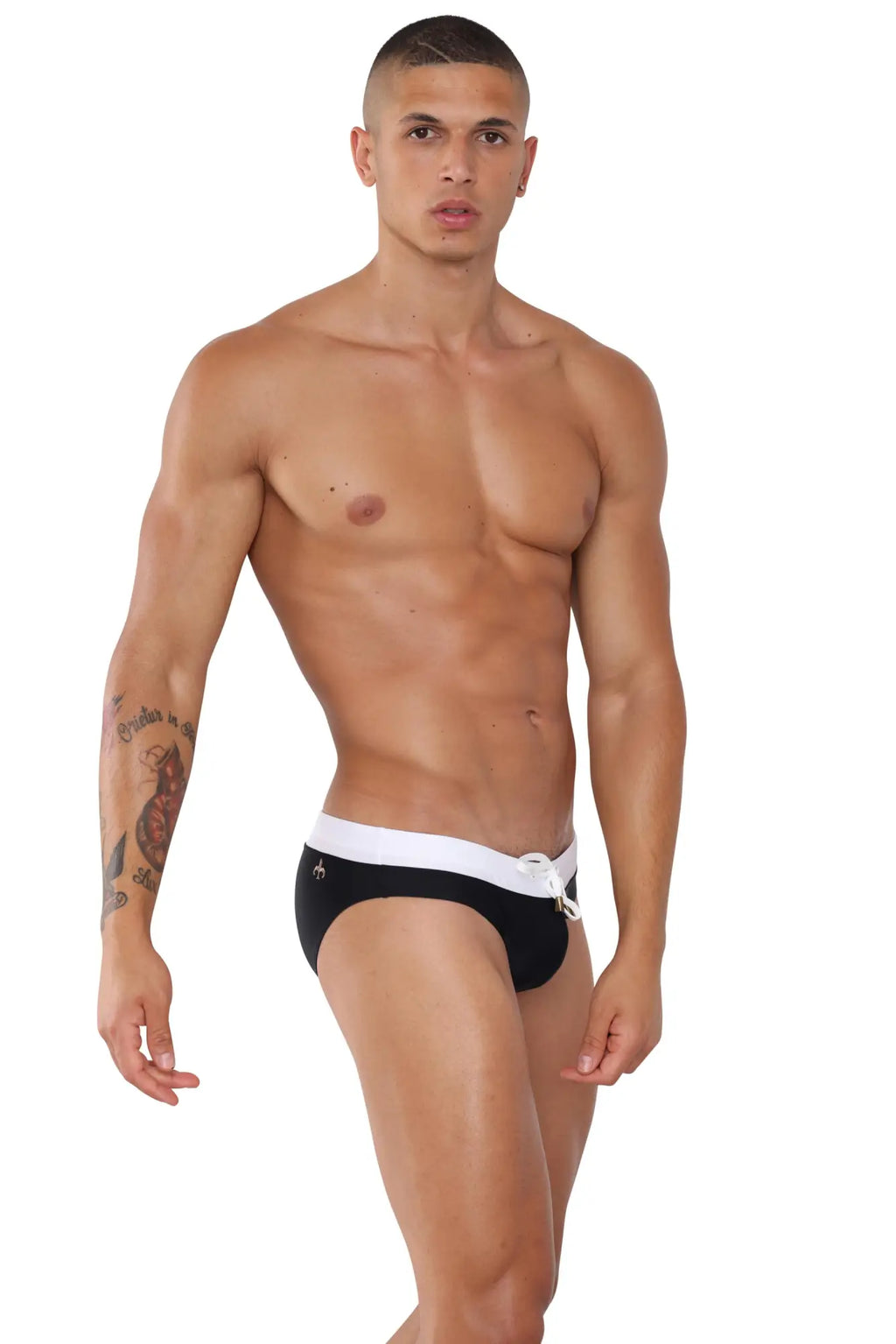 Black marcuse hunter bikini swimwear swim trunks with white waistband and drawstring for beach and pool use
