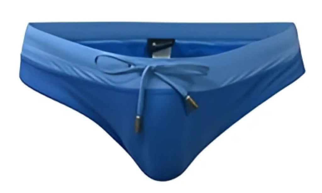Blue satin marcuse hunter bikini swimwear trunks with matching drawstring tie at the waist