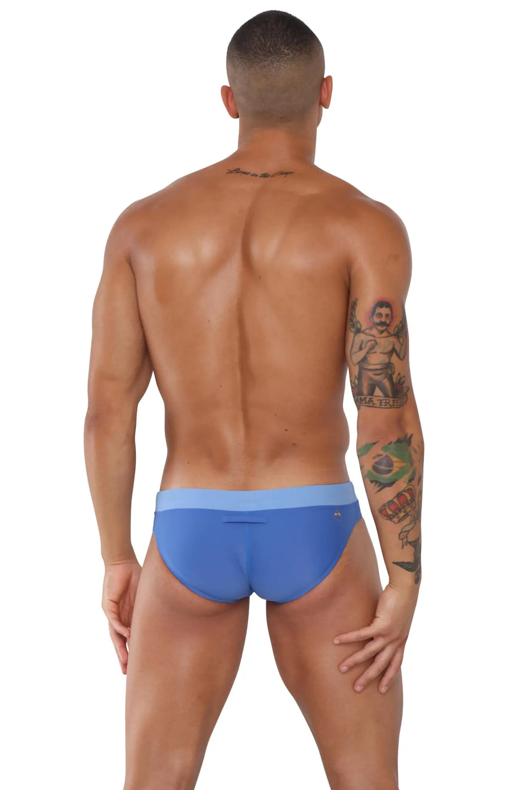 Blue marcuse hunter bikini swimwear swim trunks with a lighter blue waistband for beach and pool use