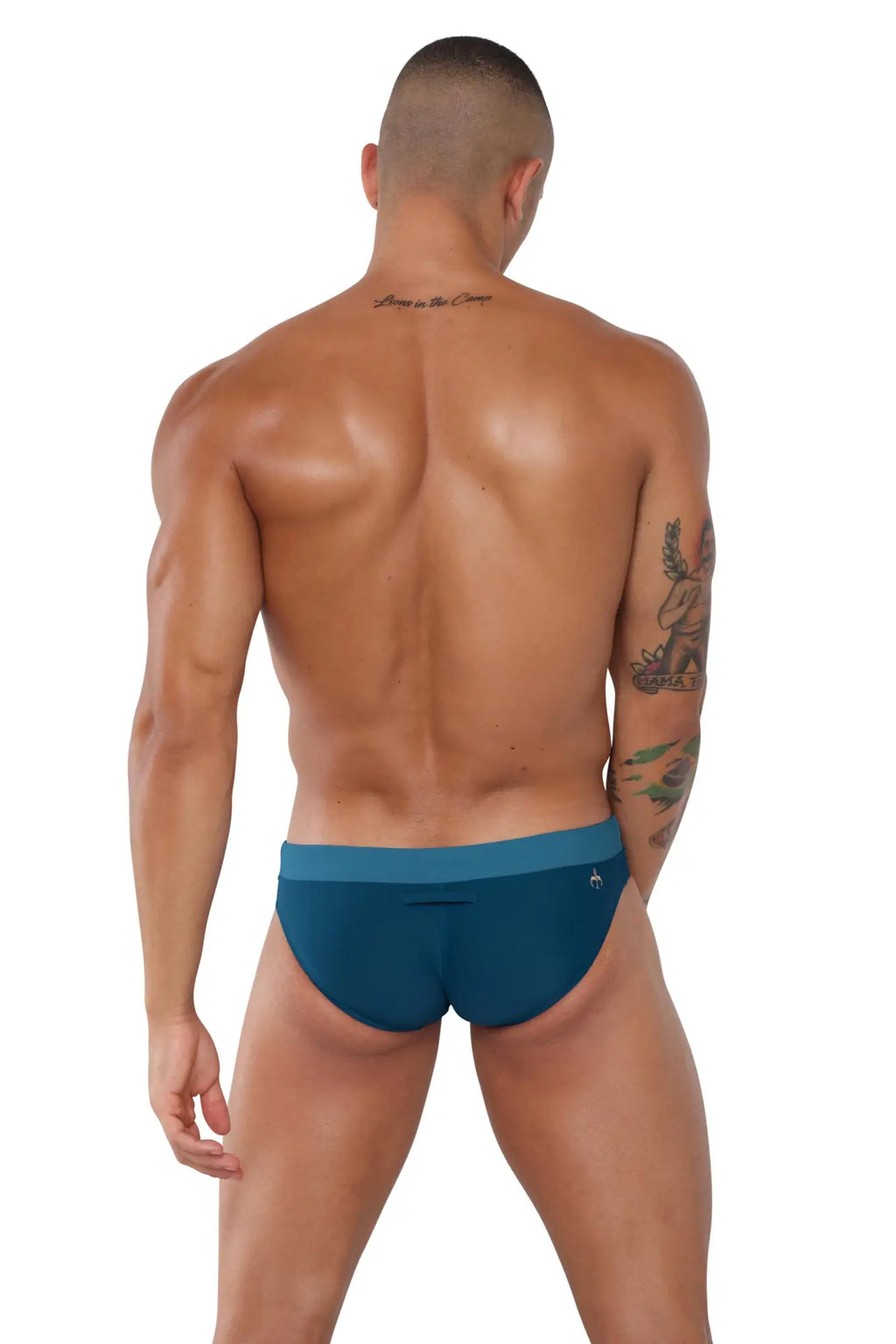 Marcuse hunter bikini swimwear teal blue men’s briefs with matching waistband and logo on left hip