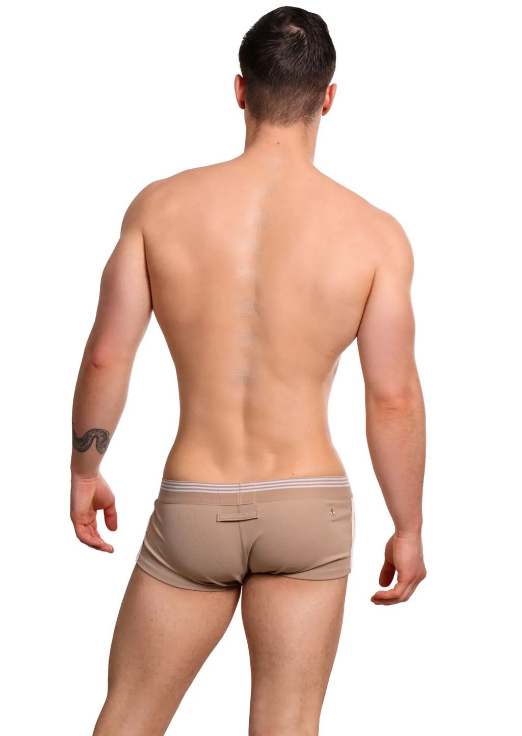 Beige marcuse huxley boxer underwear featuring a subtle striped waistband in a comfortable athletic fit