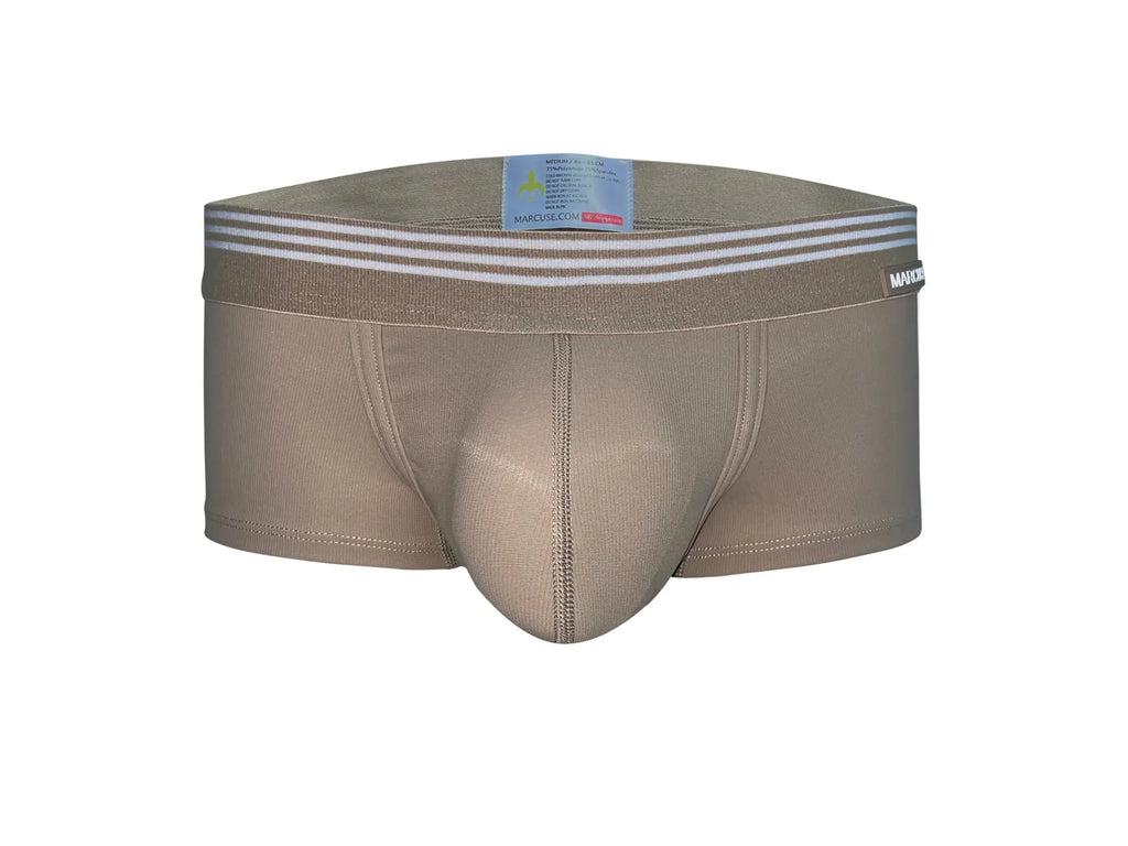 Beige marcuse huxley boxer underwear with ribbed texture and three white stripes on the max brand waistband