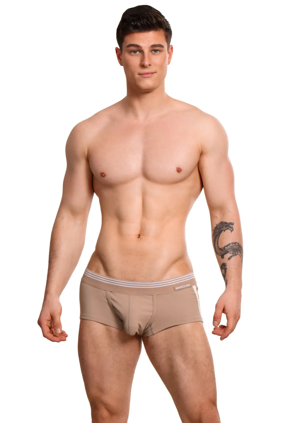 Beige marcuse huxley boxer briefs with striped waistband and subtle side stripes designed for comfortable wear