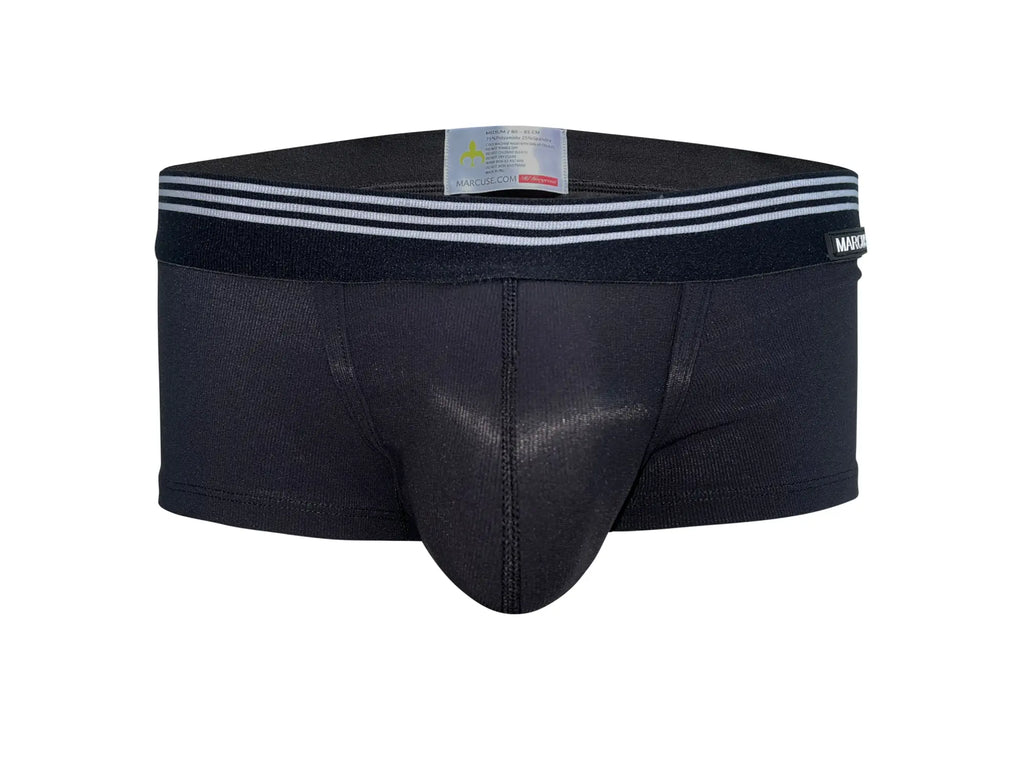 Black Marcuse Huxley boxer briefs with textured fabric and three white stripes on the waistband with side brand tag