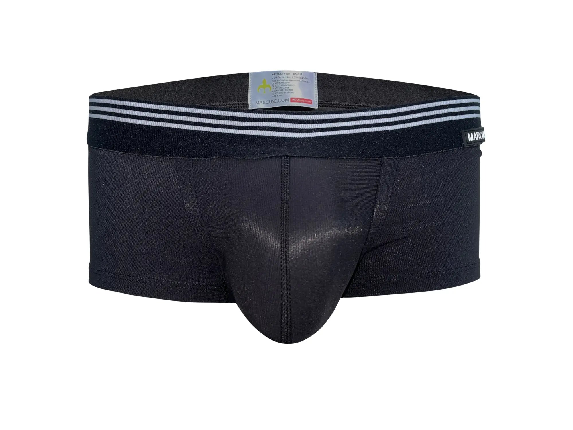 Black Marcuse Huxley boxer briefs with textured fabric and three white stripes on the waistband with side brand tag