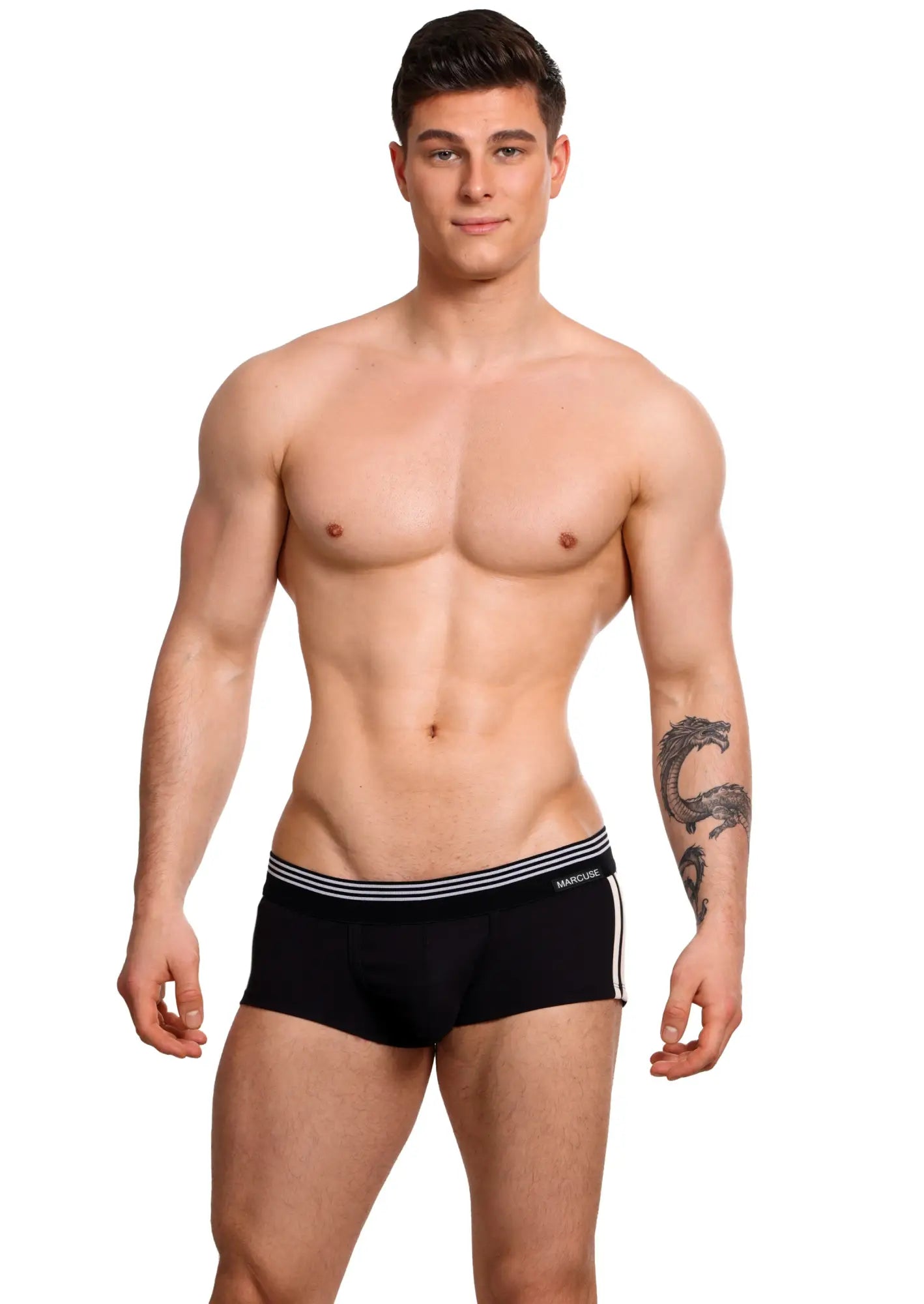 Black marcuse huxley boxer underwear with white waistband and side stripes featuring a subtle mango logo on left hip