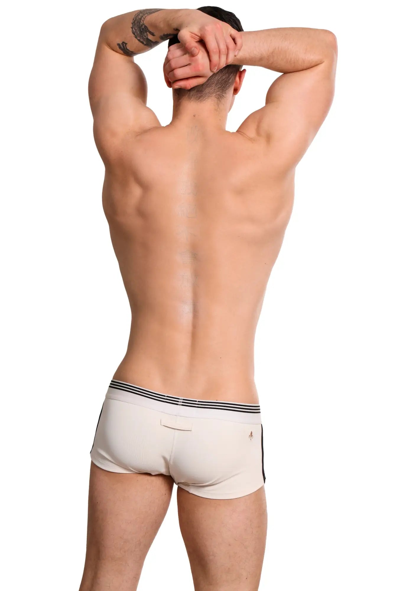 Marcuse Huxley boxer underwear in cream with black striped trim and small logo on the side made from soft fabric