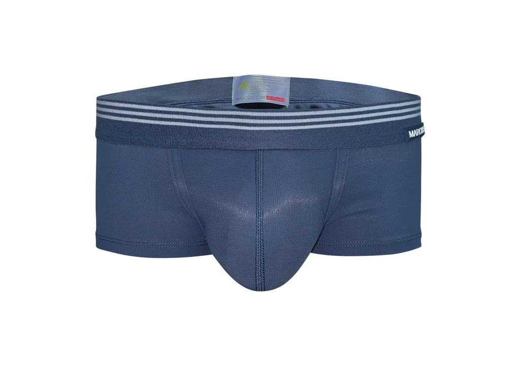 Navy blue Marcuse Huxley boxer underwear with white striped waistband and subtle textured fabric for comfort
