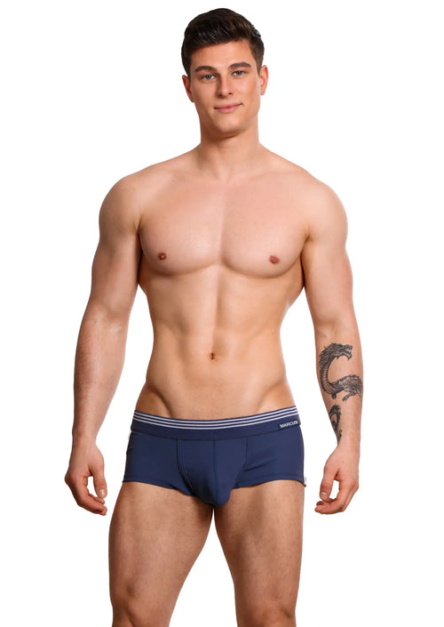 Navy blue Marcuse Huxley boxer briefs with a striped waistband featuring the brand name marcos visible