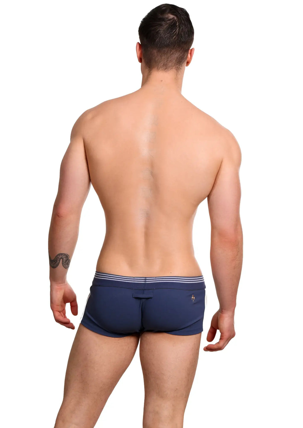 Navy blue marcuse huxley boxer briefs with white and light gray striped waistband designed for comfortable wear