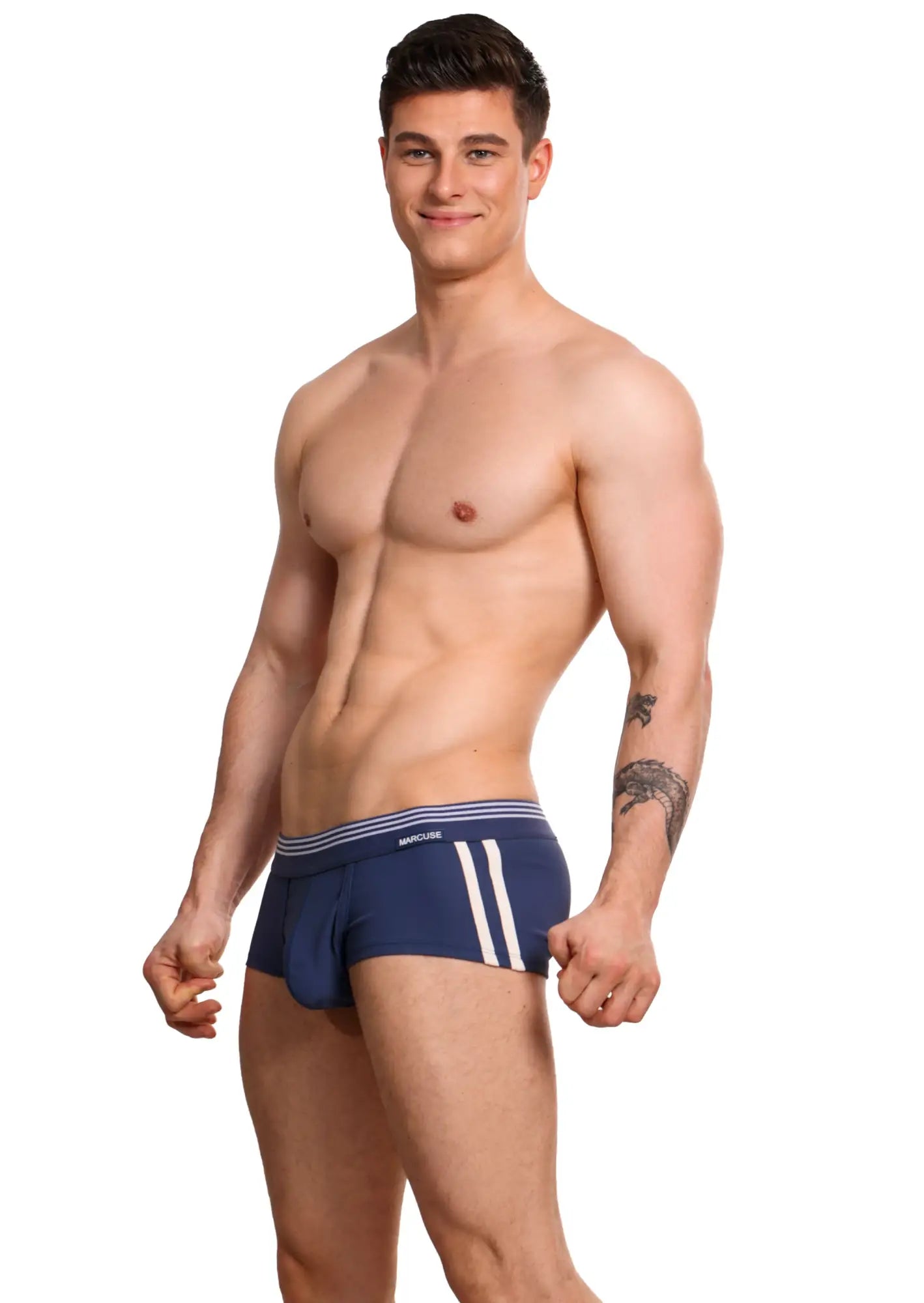 Marcuse Huxley boxer underwear in navy blue with white stripes and a subtle logo on the waistband