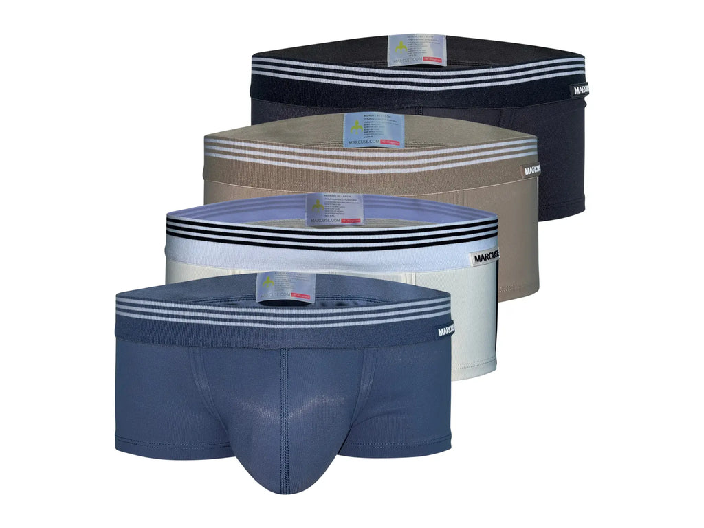 Set of four Marcuse Huxley boxer underwear briefs in navy beige white and gray with striped waistbands