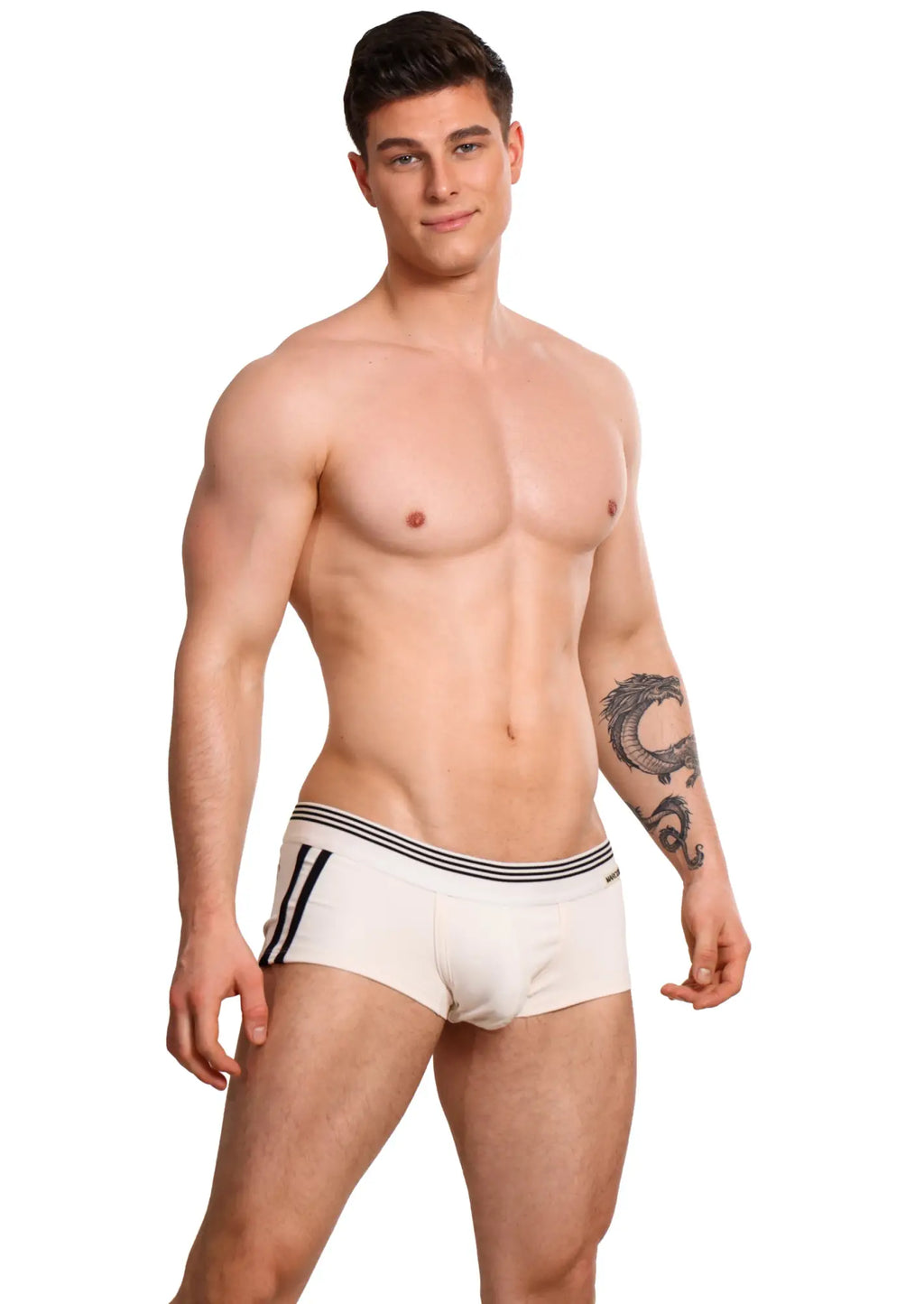 White briefs with black striped trim by marcuse featuring comfortable boxer style underwear design