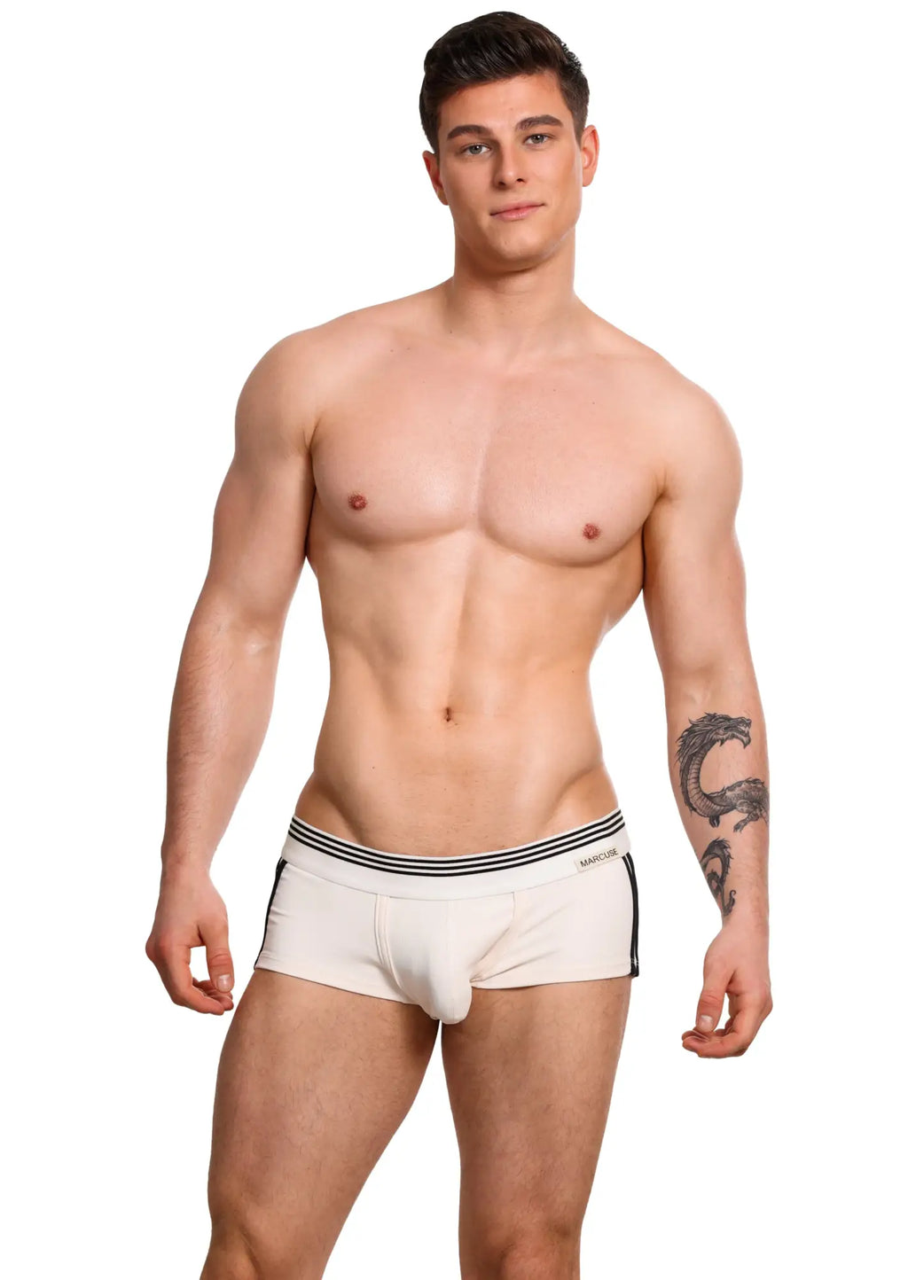 Marcuse Huxley boxer underwear in white with black striped waistband and side panels featuring mamcos logo on left hip