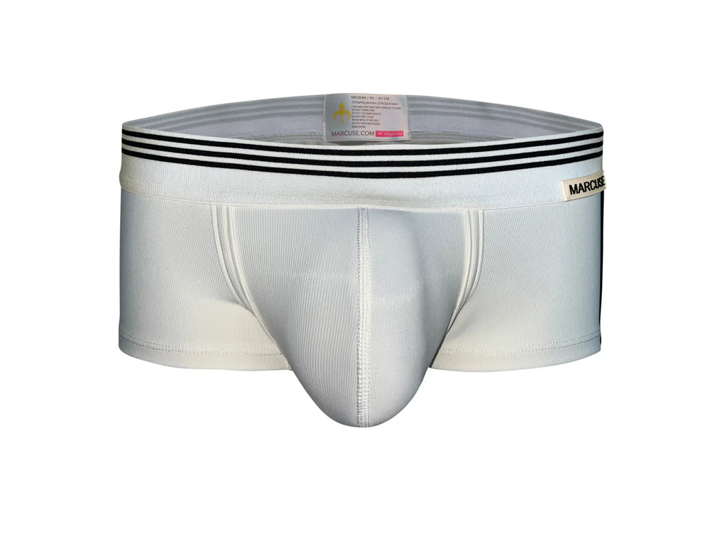 White marcos briefs with black striped waistband and subtle ribbed texture from marcuse huxley boxer underwear