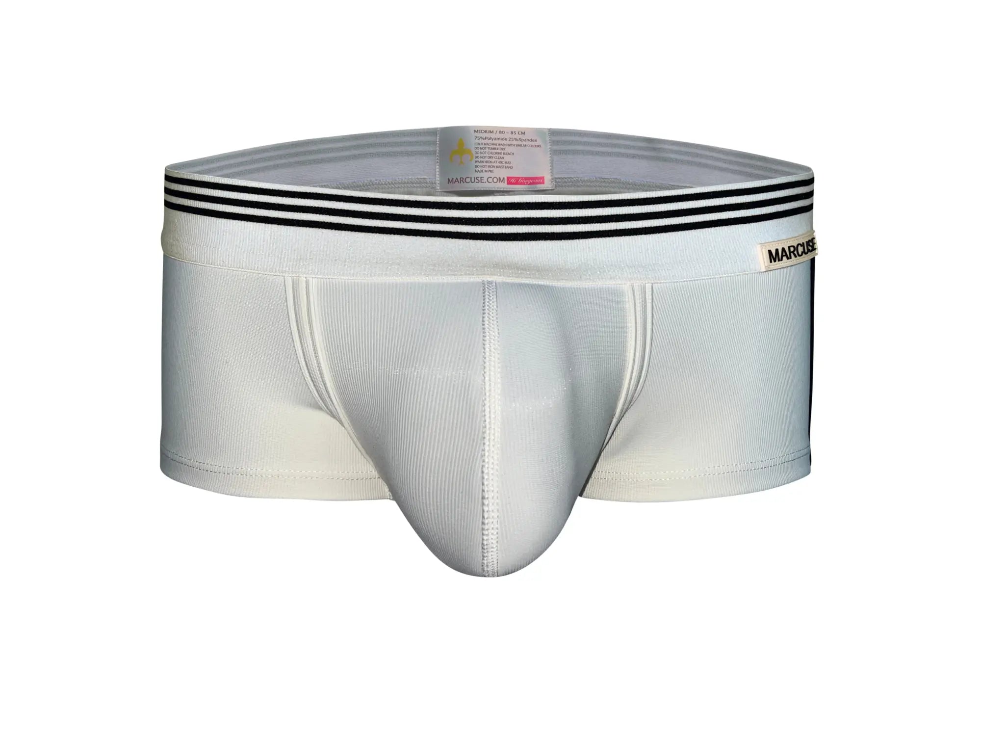 White marcos briefs with black striped waistband and subtle ribbed texture from marcuse huxley boxer underwear
