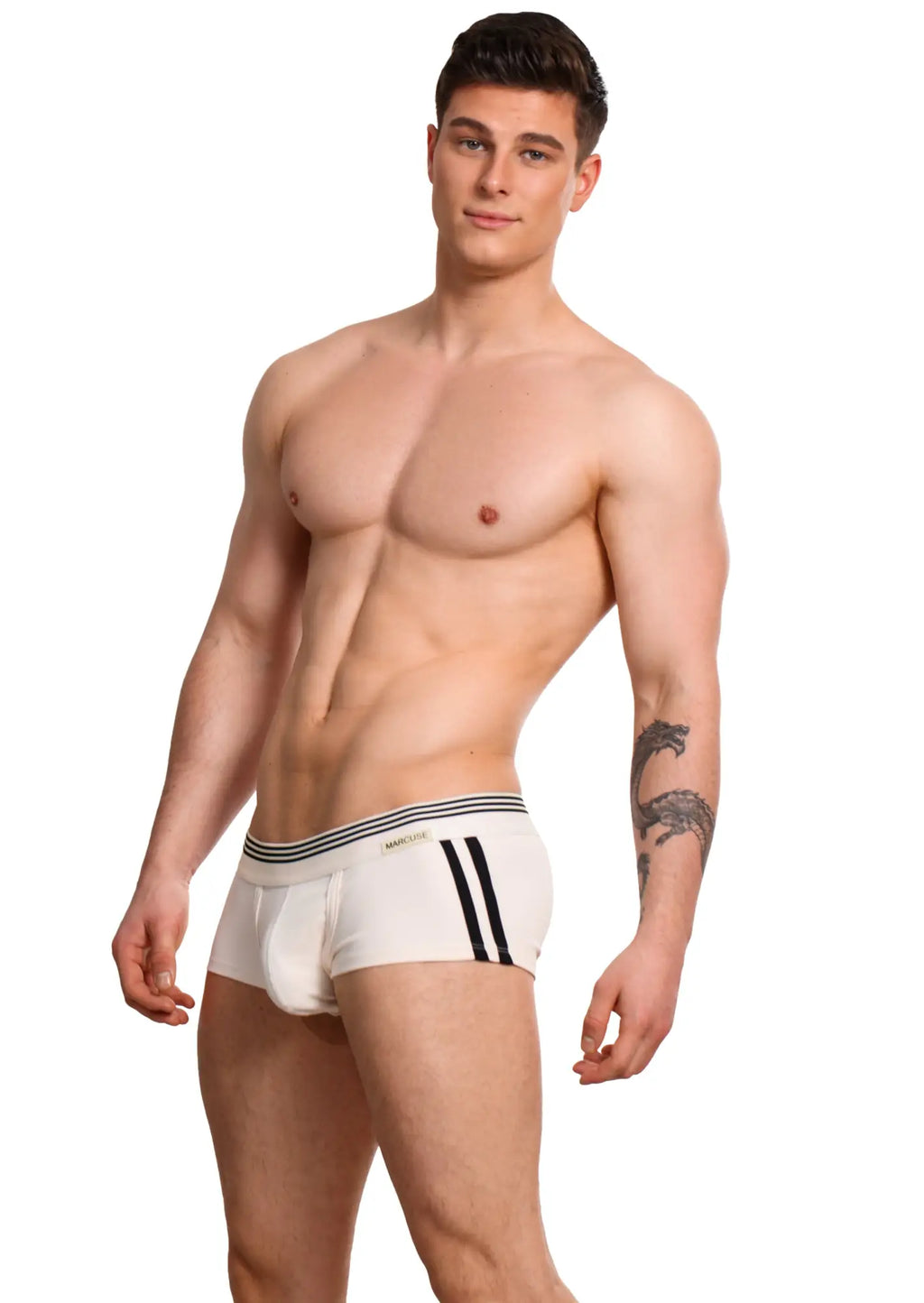 White marcuse huxley boxer briefs with black vertical stripes and a striped waistband for everyday comfort