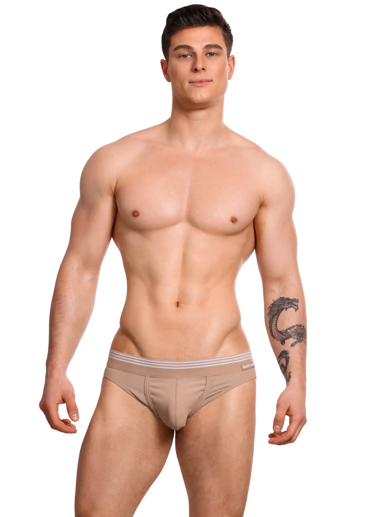 Beige Marcuse Huxley brief underwear featuring a striped waistband made from soft breathable fabric