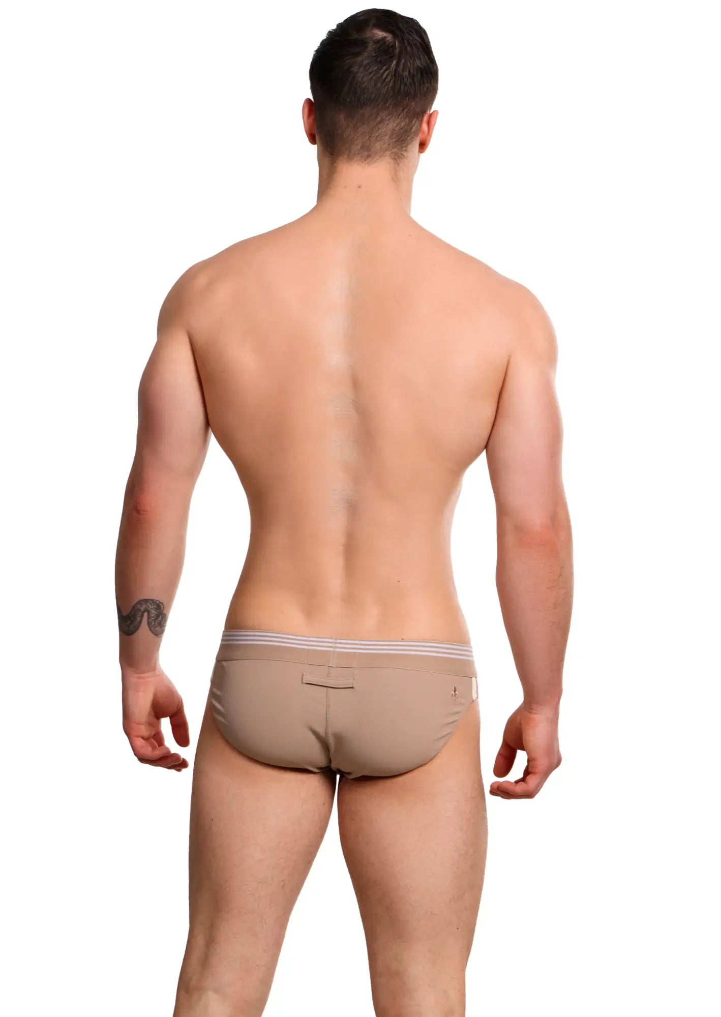 Beige marcuse huxley brief underwear with subtle gray waistband and small front pocket for everyday comfort