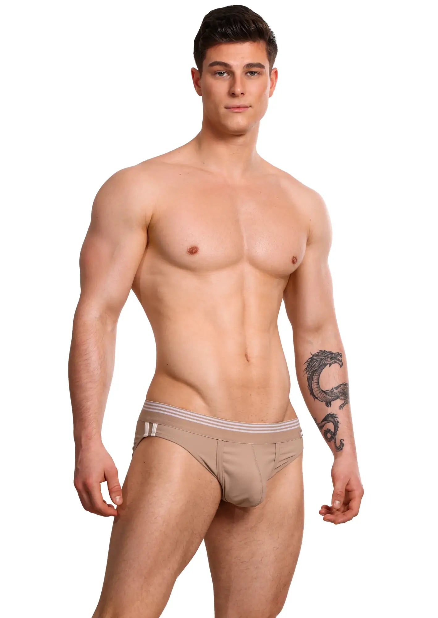 Beige marcuse huxley brief underwear with white striped waistband made from soft breathable fabric for everyday comfort