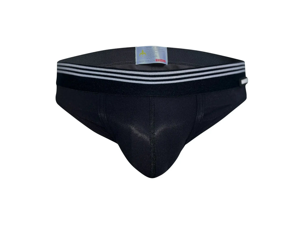 Black marcuse huxley athletic briefs with white striped waistband designed for comfortable support and active wear