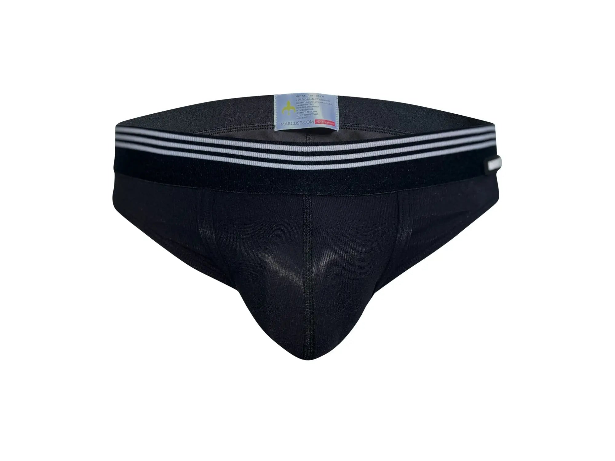 Black marcuse huxley athletic briefs with white striped waistband designed for comfortable support and active wear
