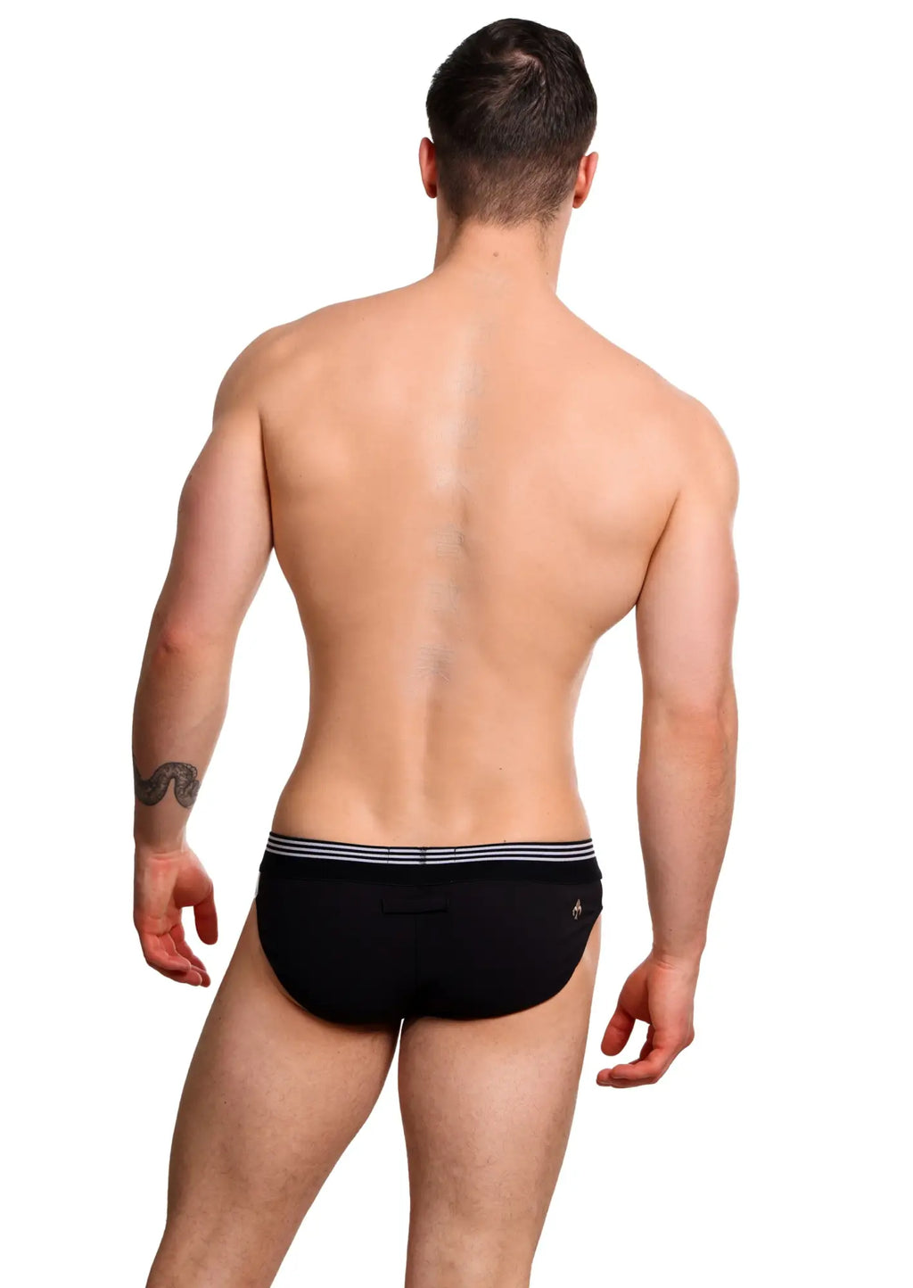 Black Marcuse Huxley brief underwear with striped waistband and small side logo made from comfortable fabric