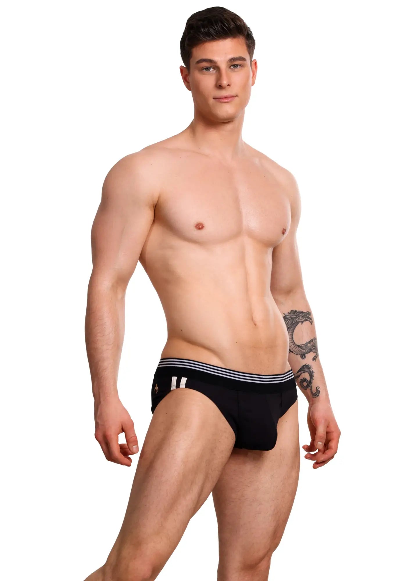 Black Marcuse Huxley brief underwear with striped waistband and white vertical side stripes in a comfortable fabric