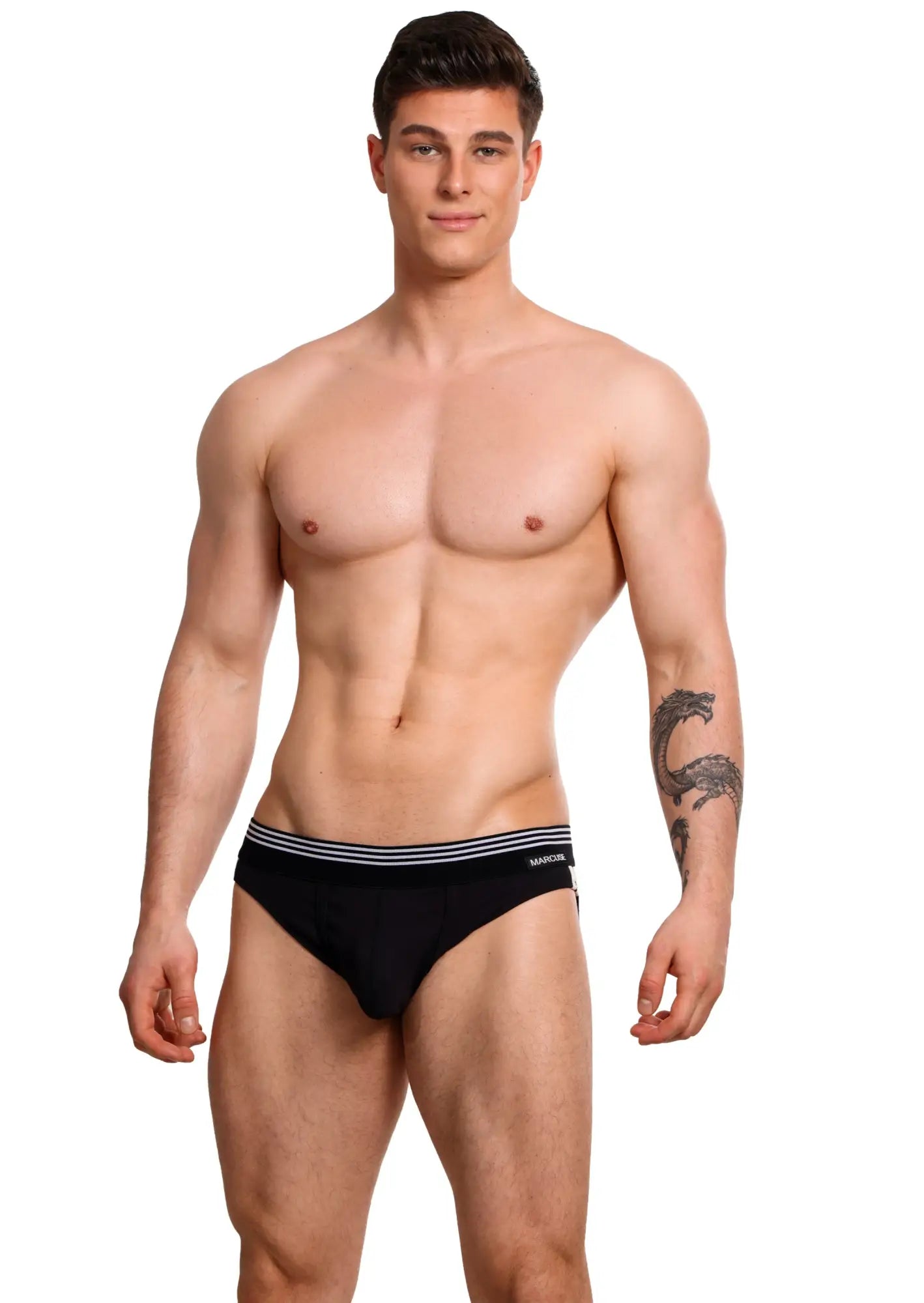 Black marcuse huxley brief underwear with three thin white stripes on the waistband and manicol logo on the side