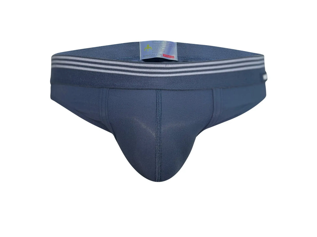 Marcuse huxley brief underwear in navy blue athletic fabric with three white stripes on the waistband
