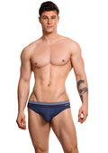 Navy blue Marcuse Huxley brief underwear with three thin white stripes on waistband and small morfo logo on side